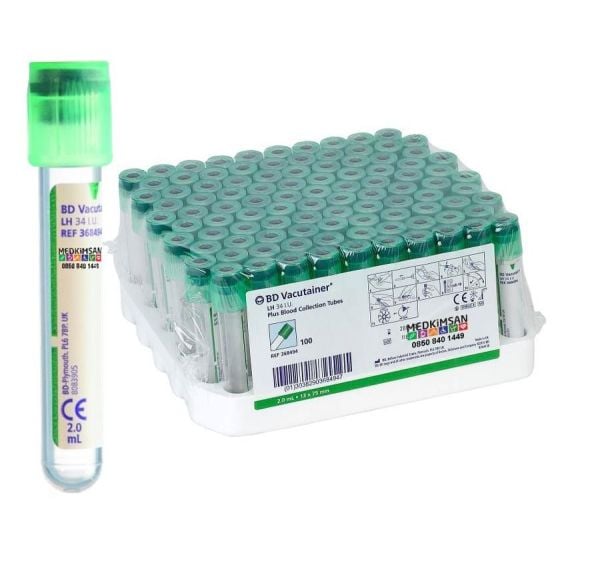 100 Adet Yeşil Kapak Lityum Heparinli Tüp | 2.0 ml 13x75 mm | BD 368494 Lithium Heparin  34 I.U.
