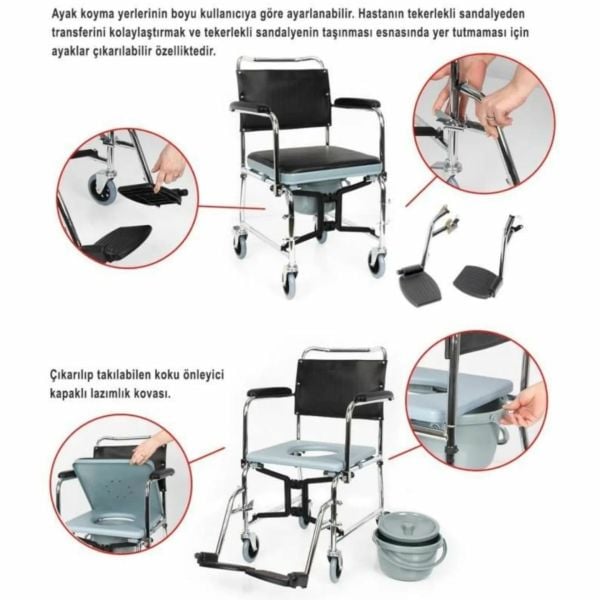 Klozetli Tekerlekli Sandalye | Tuvaletli Sandalye | Banyo Sandalyesi | Kilitlenebilir