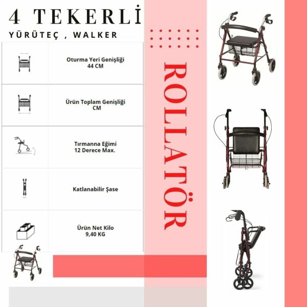 Rolatör | 4 Tekerli Yürüteç | Rollatör | Lüx Yürüteç