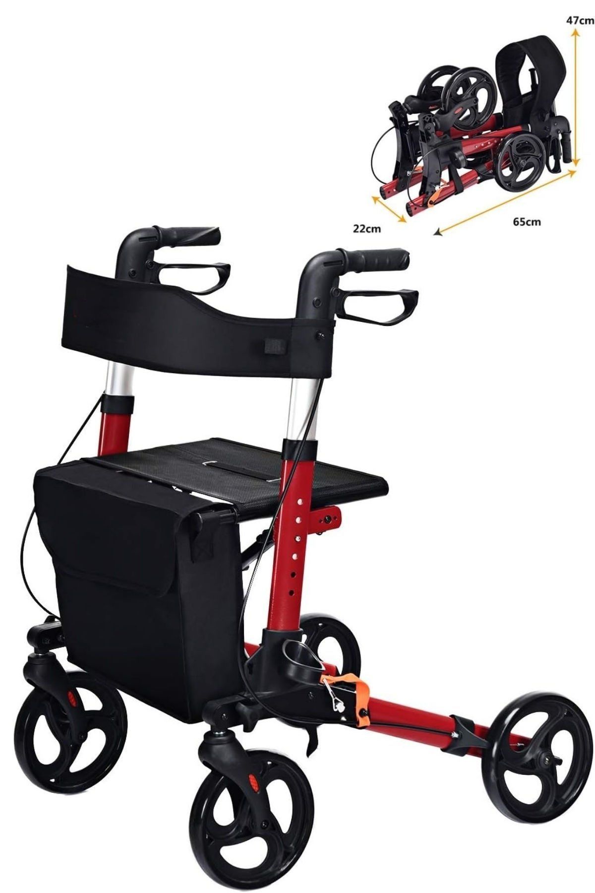 Lüx Alüminyum Rolatör | Oturaklı Hasta Yürüteci | 4 Tekerli | Katlanabilir | Çantalı | Kırmızı Renk