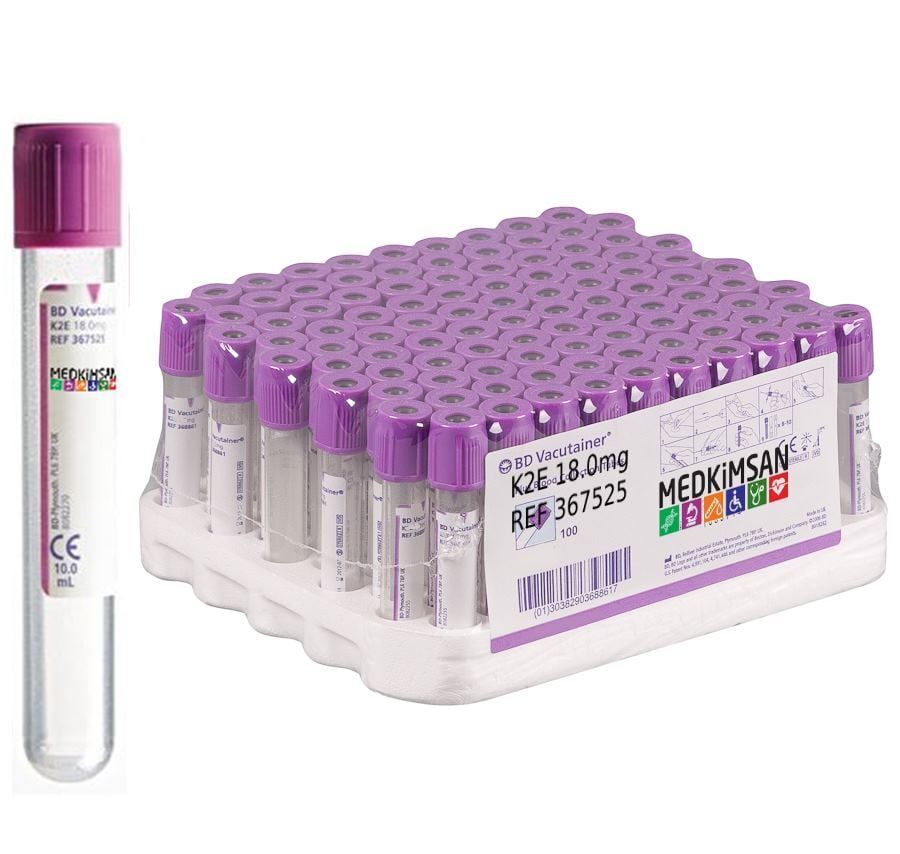 100 Adet Hemogram Tüpü | 10.0 mL 16x100 mm K2E 18.0mg Mor Kapak | BD 367525 K2EDTA Plus Blood Collection Tubes
