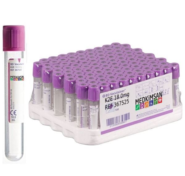 100 Adet Hemogram Tüpü | 10.0 mL 16x100 mm K2E 18.0mg Mor Kapak | BD 367525 K2EDTA Plus Blood Collection Tubes