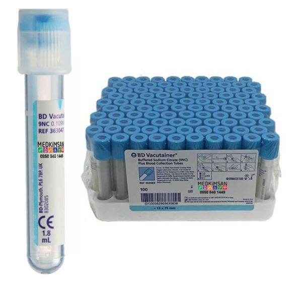 100 Adet Sodyum Sitratlı Tüp | Mavi Kapak 1.8ml 13x75mm | Bd Vacutainer 363047 9NC 0.109M Buffered Trisodium Citrate