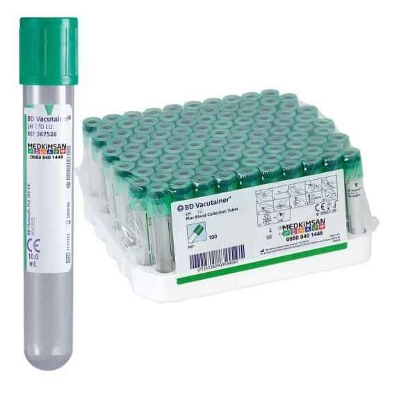 100 Adet Yeşil Kapak Lityum Heparinli Tüp | 10.0 ml 16x100 mm | BD 367526 Lithium Heparin 170 I.U.