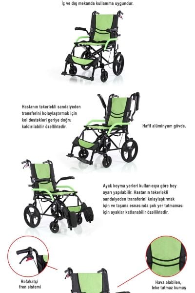 Hafif Tekerlekli Sandalye | Refakatçi Sandalyesi | Frenli Transfer Sandalyesi Yeşil