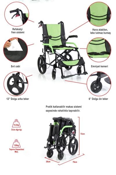 Hafif Tekerlekli Sandalye | Refakatçi Sandalyesi | Frenli Transfer Sandalyesi Yeşil