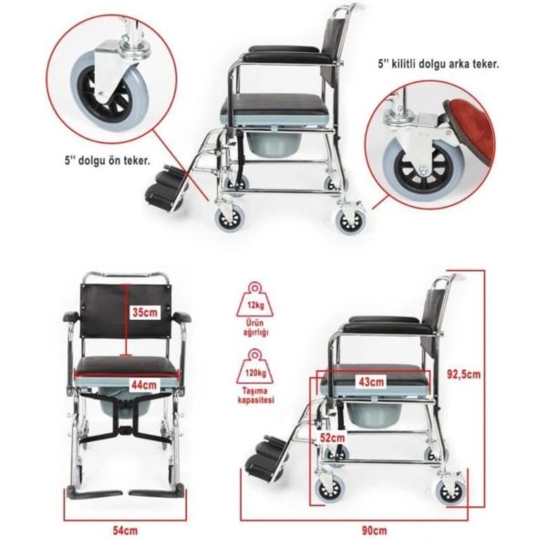 Klozetli Tekerlekli Sandalye | Tuvaletli Banyo Tekerlekli Sandalyesi | Hasta Yıkama Sandalyesi