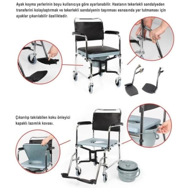 Klozetli Tekerlekli Sandalye | Tuvaletli Banyo Tekerlekli Sandalyesi | Hasta Yıkama Sandalyesi