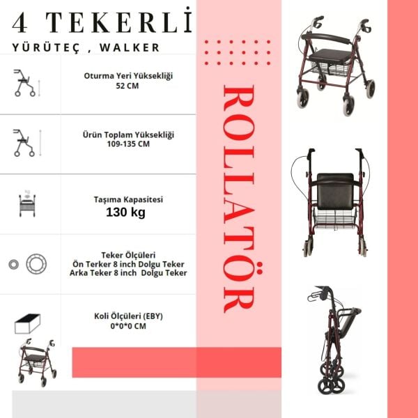Rolatör | Rollator 4 Tekerli Oturaklı Yütüteç