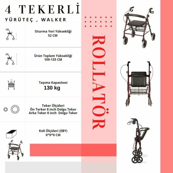 Rolatör | 4 Tekerli Yürüteç | 130 kg Taşıma Kapasiteli | Sepetli Lüx