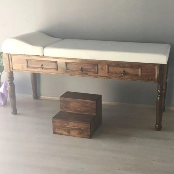 Ahşap Muayene Masası | ÇEKMECELİ + BASAMAKLI | Torna Ayaklı